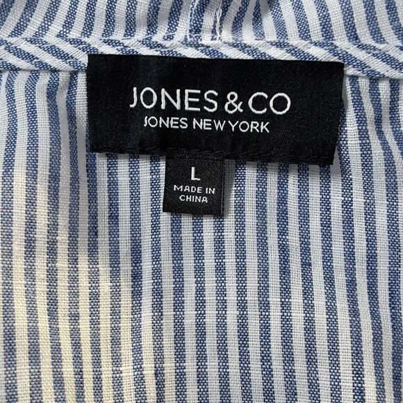 Jones & Co Linen Blend Hooded Jacket Womens Sz L Blue Striped Roll Tab Sleeves - Picture 6 of 11